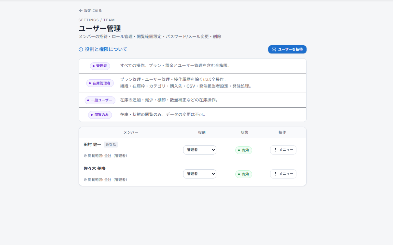 ユーザー管理画面。役割（管理者・在庫管理者・一般ユーザー・閲覧のみ）の説明と、メンバー一覧・ロール変更・招待ボタン。